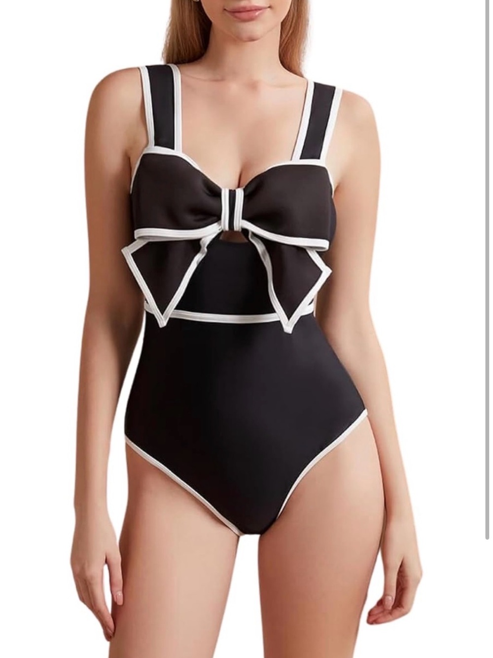 Black One-Piece Swimsuit with White Trim and Front Bow